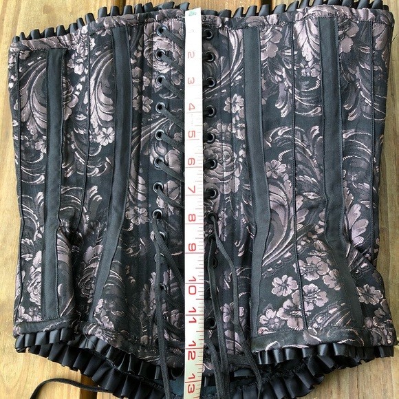 25” Overbust Corset Ruffle Black Pink Lilac Pattern Damask Jacquard Witchy Fairy - Picture 7 of 12